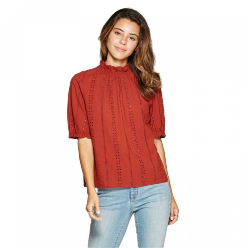 Women's High Neck Peasant Short Sleeve Eyelet Top